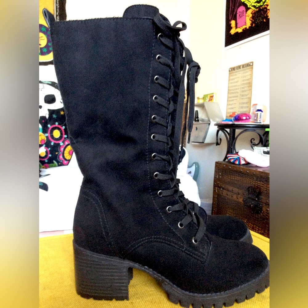 Mid calf zip up combat boots with 2.5 inch heel